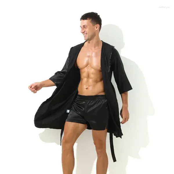 Cobertores Men's Bathrobe Silk Mangas curtas Pijama de pijamas Men vestido de roupas de dormir para casa (sem shorts) cobertor