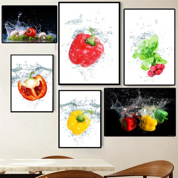 Tomatenpepper Brokkoli -Druckposter Wandkunst Gemüse Wasser Leinwand Malerei Wohnkultur Küche Restaurant Dekorative Bilder