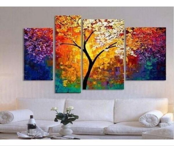 Elle boyalı yağlı boya palet bıçak resimleri oturma odası duvar büyük tuval sanat ucuz soyut ağaç çok panel 4 adet 5198904