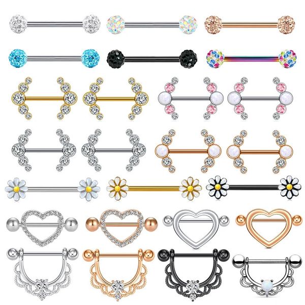 2pcs Edelstahl Nippel Piercing Langhantel 14G Opal Schild Blume charmante Ringe für Frauen Körperschmuck 240407