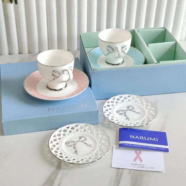 Cups Saucers Minghai Japan Narumi Bone China Kaffeetasse und Untertassen Teetasse Wasser Spitze Hohlplatte Schleife Geschenkbox