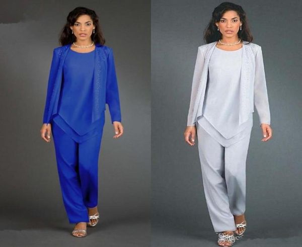 Yeni Tasarımcı 3 Parçası Kraliyet Mavi Gelin Pantolonunun Anne Elbise Uzun Kollu Şifon Kadın Parti Elbiseleri Lady Akşam Elbiseleri4527573