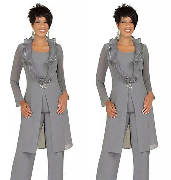 Tre pezzi in chiffon grigio madre della sposa cauli di pantalone con giacca lunga abiti da donna personalizzati da donna abiti ospiti formali o9108352