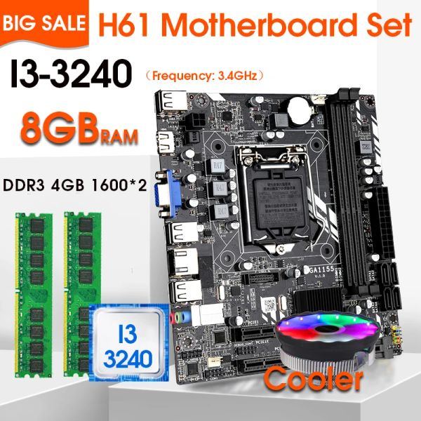 Motherboards LGA1155 H61 Kit de placa -mãe com Intel Core i3 3240 Processador 2PCSX4GB = 8GB 1600MHz DDR3 Memória e ventilador da CPU