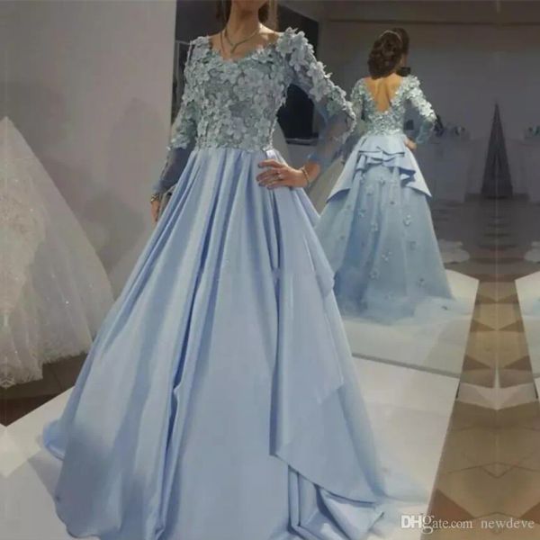 Elie Saab 2024 Abendkleider lange Ärmel Spitze 3d Blumenapplikationen Promkleider Sweep Zug hellblaue Party Besonderes Anlasskleid