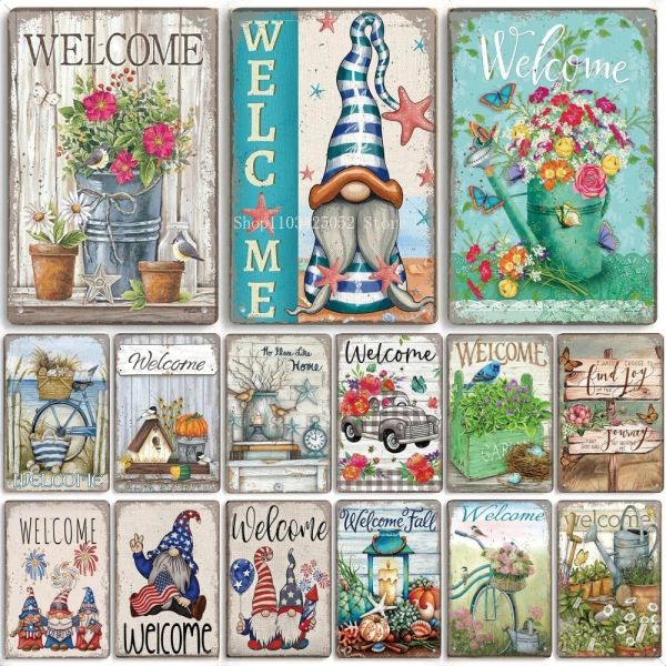 Willkommen Poster Metallschilder Vintage Flowers Birds Auto Metall Plaque Wanddekoration für Café Schlafzimmer lebende Gartenfarm Strand Hütte