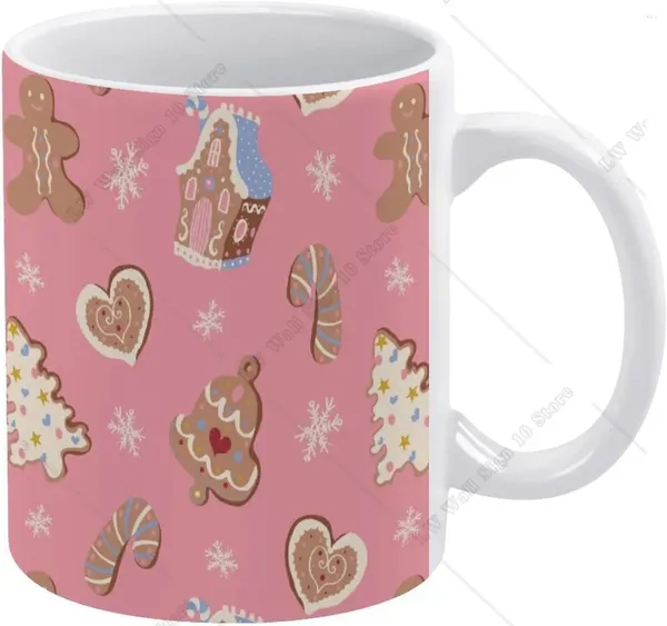 Tassen süße rosa Weihnachtsiegel Schneeflocken Kaffeetassen Lebkuchenhäuser Kekse Keramik -Trinkbecher mit Griff 11 Unzen für Heim -DIY -Geschenk