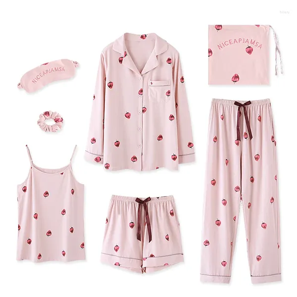 Abbigliamento da casa da 7 pezzi da donna Pink Pigyas Sets Lingerie Cotton Homewear abbigliamento per sonno di pigiama set pijamas per donna