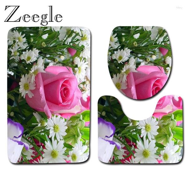 Badmatten Zeigle Blumenmuster Toilettenmatte 3pcs Set Nicht -Slip -Badezimmer -Teppich Waschmaschine Mikrofasertür Küche mit Blumen