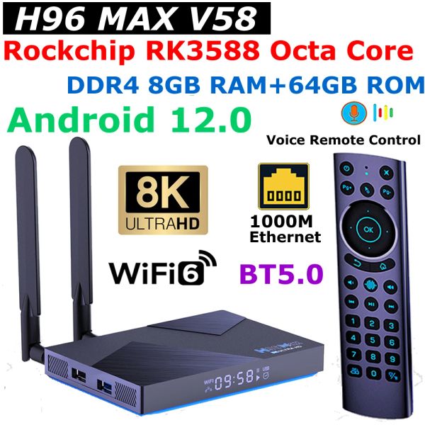 Kutu H96 Max V58 Android 12 TV Kutusu Rockchip RK3588 Sekiz Çekirdek DDR4 8GB RAM 64GB ROM 1000m Ethernet WiFi6 5G Çift WiFi 8K Set Üst Kutusu