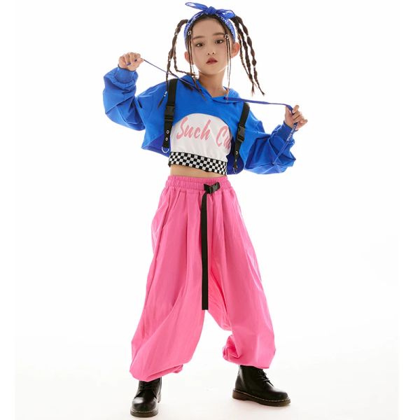 Tops de mangas compridas azuis para meninas calças rosa soltas Hip Hop Dance Costum Kids Concert Modern Jazz Dance Wear Rave Clothes BL9583