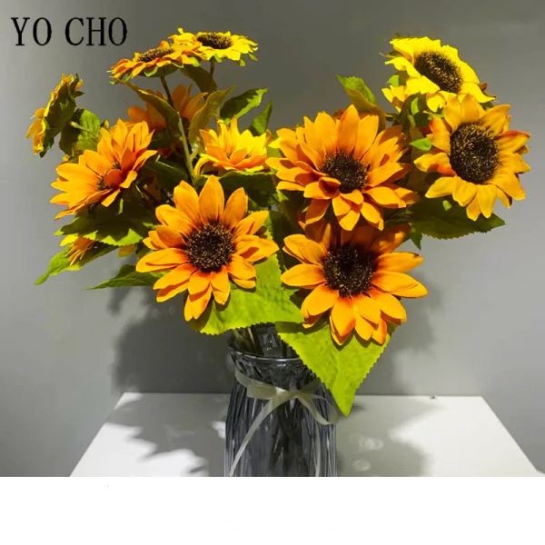 5pcs 3 Cabeça Artificial Bouquet de girassol DIY Bouquet de buquê Central Piaspulamento Decoração de casa Decoração de seda Sunflower Flower Flower