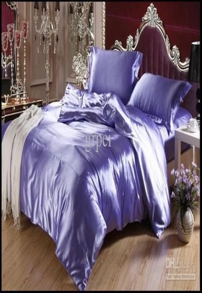 Conjunto de cama de cetim de seda azul roxa Conjunto de cama de luxo size king size queen size completa tampa dupla tampa duvinheira colcha lençol lençol lençóis de cama de casal