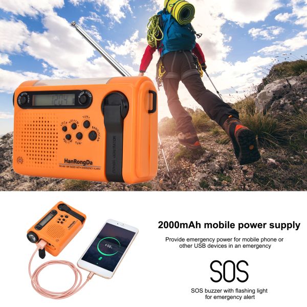 RADIO ELEMPERCA SOLAR CRANK PORTATILE RADICA PORTATURA RADIO e RADIO DI EMERGENZA OUTDOOR CON FLUCCHIO LED AM/FM/SW ALLARME SOS