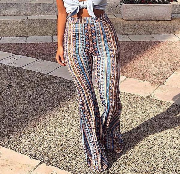 2018 Women Women Striped Stampato Nuovi pantaloni Bloho Fare Pants High Elastic Waist Vintage Soft Ethnic Style Bell Bottom Pants Hippie T1914874281