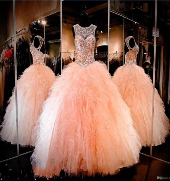 Neue billige Pfirsich Quinceanera Ballkleid Kleider Kleider Juwel Hals Kristall Perlen Organza Rüschen lang süße 16 formelle Partykleid Prom Savory3358983