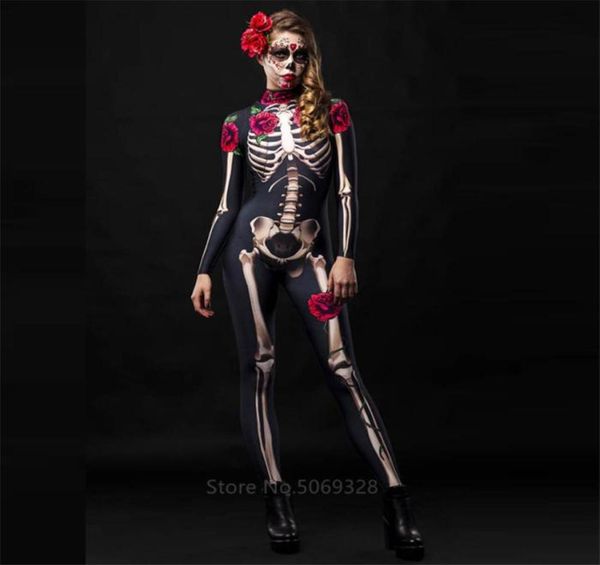 Skeleton Rose Mulheres Sexy Halloween Devil Ghost Jumpsuit Party Carnival Performance Fantasia assustadora Crianças meninas do dia do Dead4454951