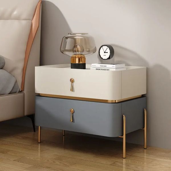Luxo montado 2 gavetas mesa de cabeceira moderno estilo de madeira sólida quartos de cabeceira de couro armário de armazenamento lateral de couro