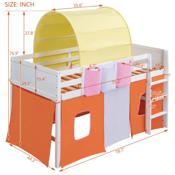 Letto a soppalco a doppio taglia, letto a soppalco design unico con torre della tenda 3 tasche, spaziosi spazio sotto il letto, per la camera da letto per bambini, arancione