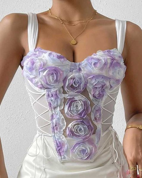 Kadın Tankları Camis Top of the Line Womens 2024 Yaz Moda Çiçek Desen Dantel Üst Hanky ​​Hem Sırık Sevgiliye Boyun Sıkışmaz Sıkı Günlük Tank Üstü J240409