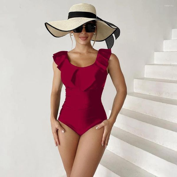 Damenbadebekleidung 2024 Frauen gekräuselt Bikini Ein-Stück-Anzug fest Schwarz/grün/purpurblau/Wein rot sexy U-Neck Slim Monokini Badeanzug Plus