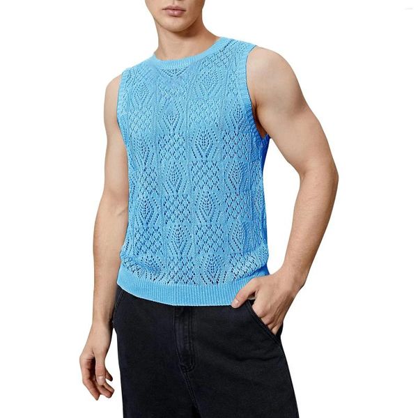 Camisetas masculinas de verão malha de colheita oca de colete redondo de pescoço redondo com mangas de mangas Casual Casual Reviews Muitas roupas confortáveis