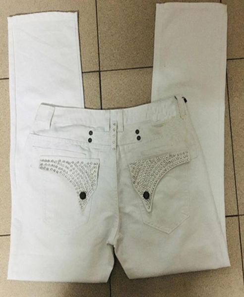 Jeans de robin brancos masculinos com prisioneiros de cristais clipes de asa dourada de jeans de jeans de jeans reta de ajuste reto 304257096298124346
