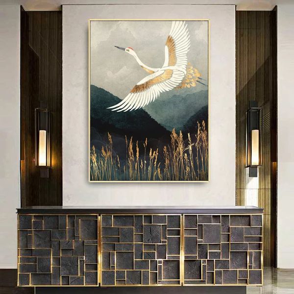 In stile cinese Golden Crane Art Tela Pittura poster e stampe Bellissime animali da parete Immagini senza cornice per soggiorno