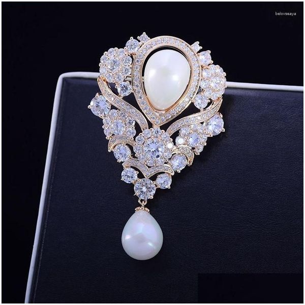 Pinos broches art nouveau antique micro pavimentos cúbicos zirconia branca imitada pérola berro em forma de pêra para joalheria broche gota del dhsjy