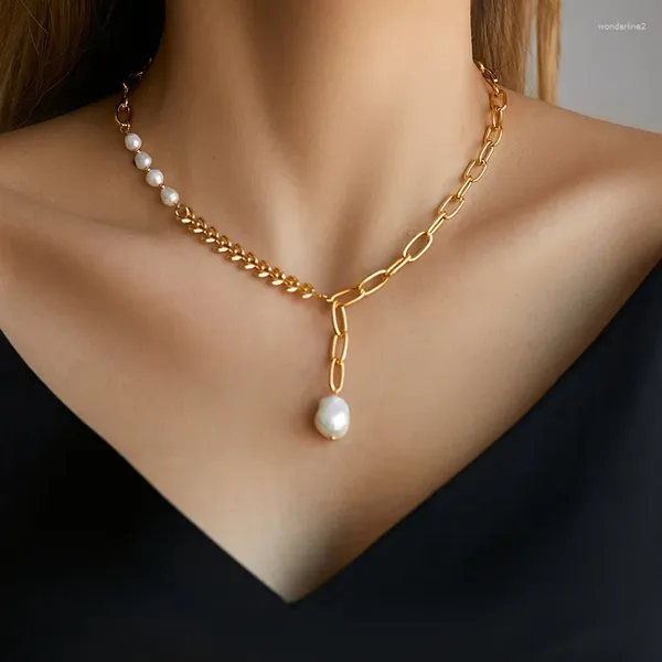 Anhänger Halsketten Minar zierlich unregelmäßige Süßwasserperlen Ohrlächen Quasten 18K Real Gold Platted Messing Link Chain Chokers für Frauen