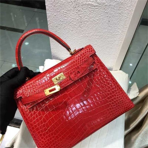Handtasche Crocodile Leder 7A Qualität echtes Handsagen 25 cm Totes Red Brand Bag Wachs Line Stitching Fastsjqw