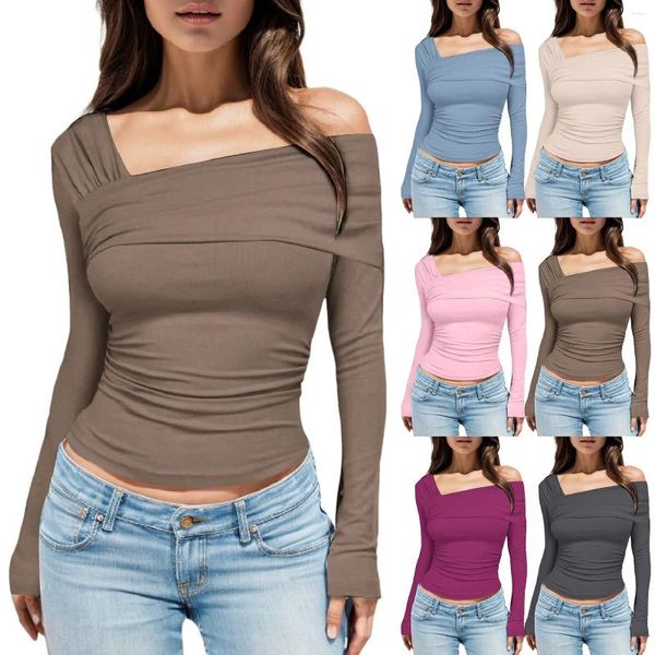 Blusas femininas leves para mulheres um ombro de manga comprida plissada saindo camisa fit slim t camisetas