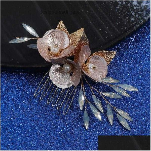 Clipes de cabelo Barrettes Flores Folhas Combs Pin Opal Pearl Hairpin Gold Color Head Piece para noivas Acessórias de damas de honra Jóias de noiva otpfh