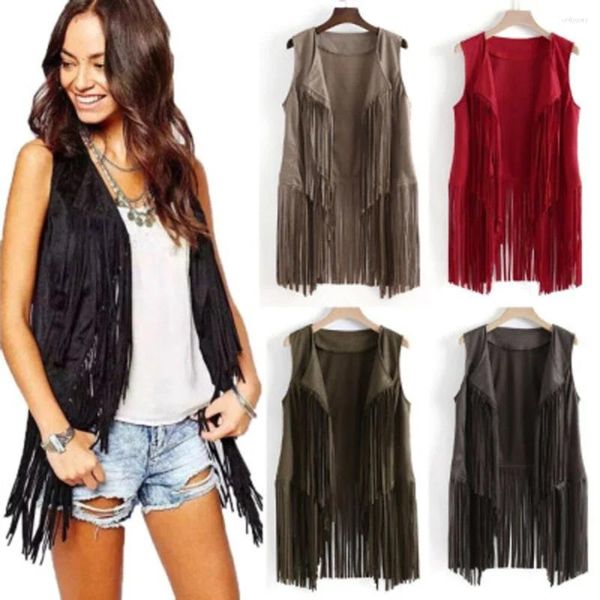 Coletes femininos de camurça faux vintage jaqueta étnica com mangas longas long Fringe 70s Hippie Cardigan Disco Prom Party Colet