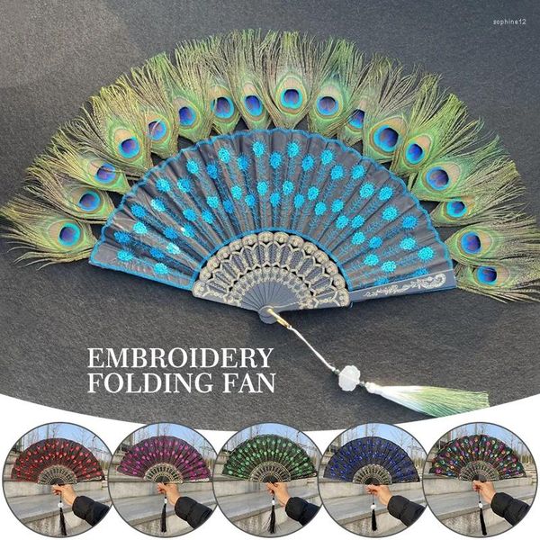 Dekorative Figuren Pfauen Feather Klappfan Fan Mode Stickpailletten Tanzhand Fans Persönlichkeit Anhänger Geschenk Hochzeitsfeier Dekoration