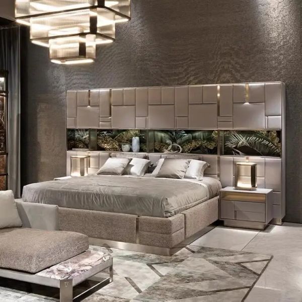 Novo 2024 personalizar móveis de quarto de luxo italiano Cama de couro de casca de casca grande grande Luxúria de tamanho king size moderno cama