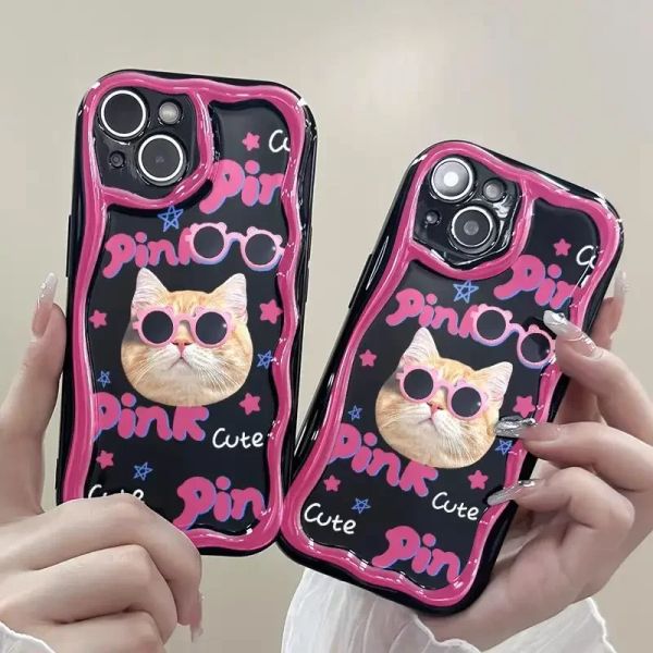 A54 5G Curly Wave Edge Cream Cool Cat Cate Cate Animal Case для Samsung A04 A04E A13 A14 A22 A23 A24 A33 A34 A52 A52S A53 A32