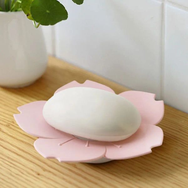 Sabão de flor de flor de cereja plástico não deslizamento Duas camadas de sabonete de auto-drenagem Rosa/sabonete branco Acessórios do banheiro