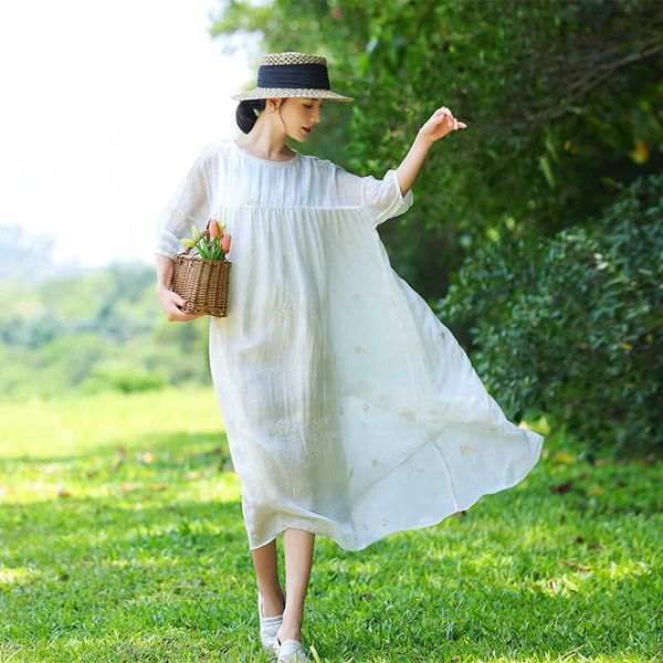 Künstlerische Kleidung für Baumwolle und Leinen Frauen 2024 Sommer verdrehte Ramie Textur wasserlösliche Stickerei Elegante Feenluft kühl locker sitzend Kleid