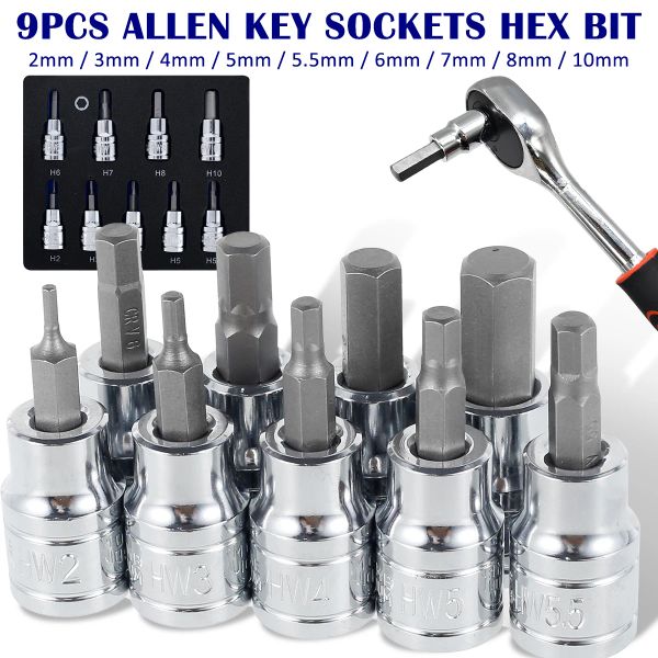 9pcs Hex Bit Socket Set Allen Key Sockets Professioneller 3/8-Zoll-Antriebsbohrmai-Werkzeugkit Langlebige Aufprall-Steckdose Set Größe 2-10mm