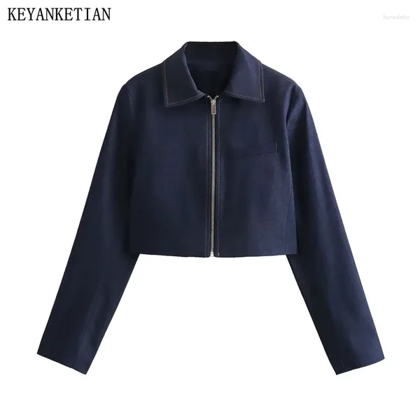 Damenjacken Keyanketian 2024 Start Zipper Kurzjacke American Retro Navy Blue Lose Drehkragen Außenbekleidung Crop Top