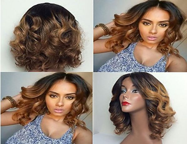 Темные корни высшего качества 1B30 Ombre Brown Краткое вьющееся волнистые кружевные парики термостойкие синтетические кружевные парики для черного Wome3484052