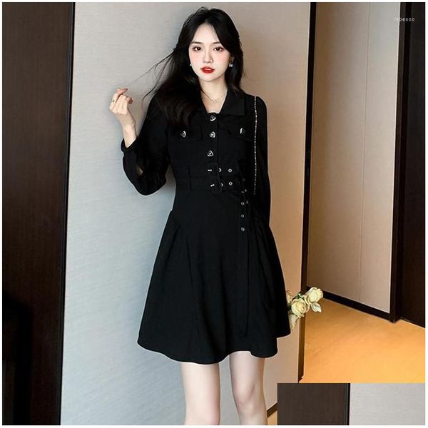 Abiti casual di base Spring Autumn Corea Donte Donte Dress Black Chic Vintage Belt Fiels Slim Party Prom Femme Mujer Street Ve Dhzk1