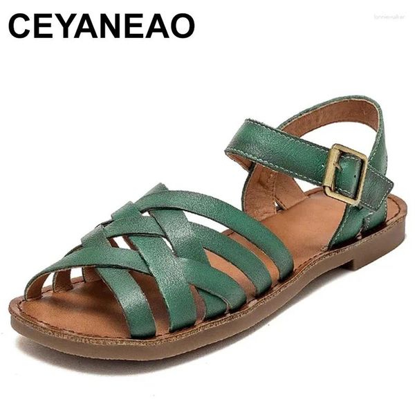 Sandalen Sommerschuhe Frauen flache handgefertigte echte Leder Peep Zehen Metallschnalle Low Heel lässig Römischgrün