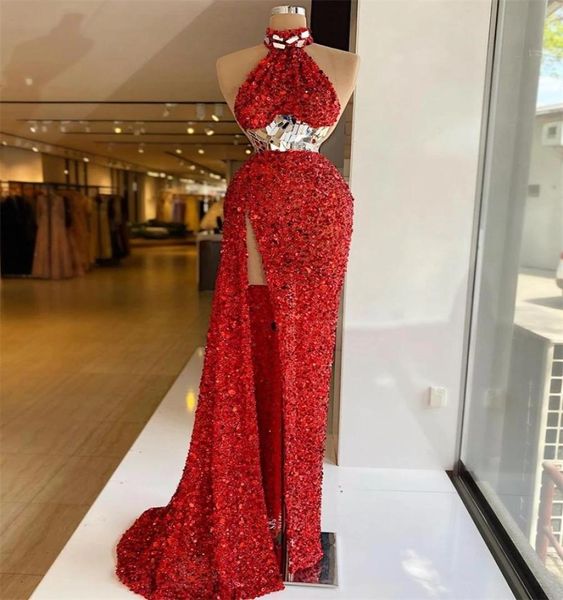 Luxury rote mermaid abendkleider designer kristalle pepulle Perlen prom Kleiderhülsen und hoher Schlitz maßgeschneiderte formale Partykleider 7477520