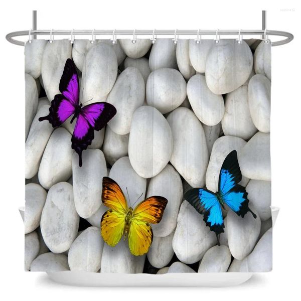 Cortinas de chuveiro pedras e cortina de arte de borboleta zen spa banheiro à prova d'água branca tecido de poliéster extra longo para decoração de banheira