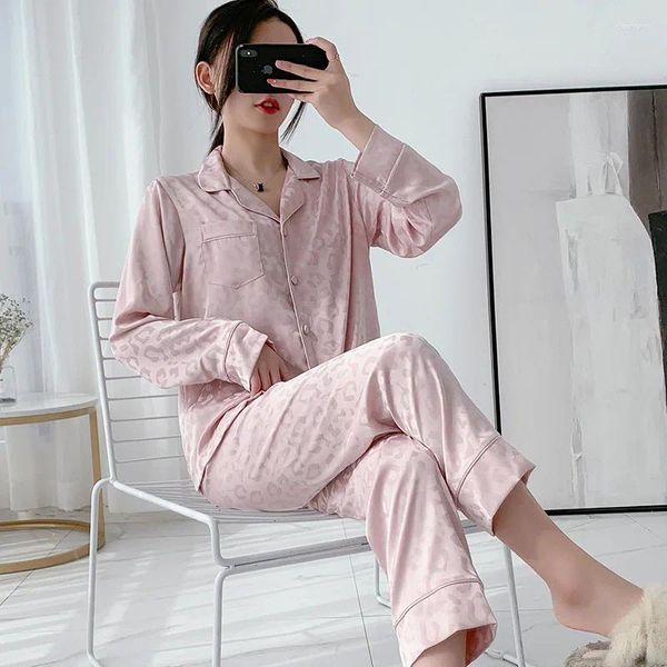 Home Clothing Pink Pyjamas Set Women 2pcs Nachtwäsche Langarm Rayon Leopard Pijamas Anzug Casual Sleep sexy Nachtwäsche