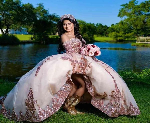 2021 Шампанское блестящее платье с мячом Quinceanera платья для свадебного бутика -ботика