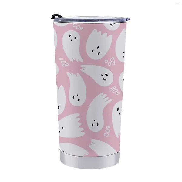 Canecas rosa fantasma fofo de 20 oz de viagem de halloween vidro de água isolada com tampa de derramamento de aço inoxidável a vácuo de parede dupla