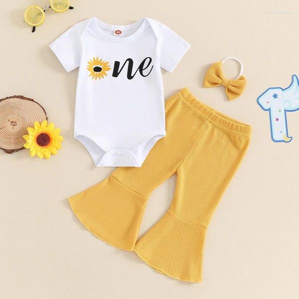 Kleidungssets Baby Girl Erstgeburtstag Outfit -Reise um die Sonne Strampler Bell Bottom Hosen mit Stirnband 3pcs Set